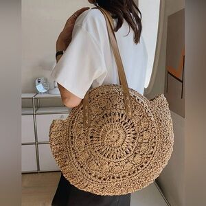 Round Woven Straw Tote Bag in Natural Tan